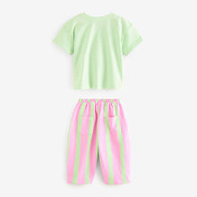 Load image into Gallery viewer, Pink/Green Slogan 100% Cotton Short Sleeve T-Shirt And Wide Leg Trousers (3mths-6yrs)
