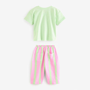 Pink/Green Slogan 100% Cotton Short Sleeve T-Shirt And Wide Leg Trousers (3mths-6yrs)