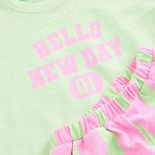 Load image into Gallery viewer, Pink/Green Slogan 100% Cotton Short Sleeve T-Shirt And Wide Leg Trousers (3mths-6yrs)
