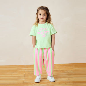 Pink/Green Slogan 100% Cotton Short Sleeve T-Shirt And Wide Leg Trousers (3mths-6yrs)