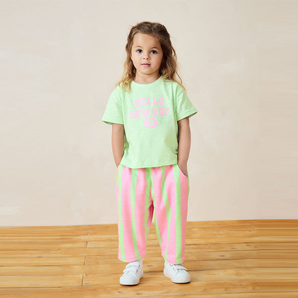Pink/Green Slogan 100% Cotton Short Sleeve T-Shirt And Wide Leg Trousers (3mths-6yrs)