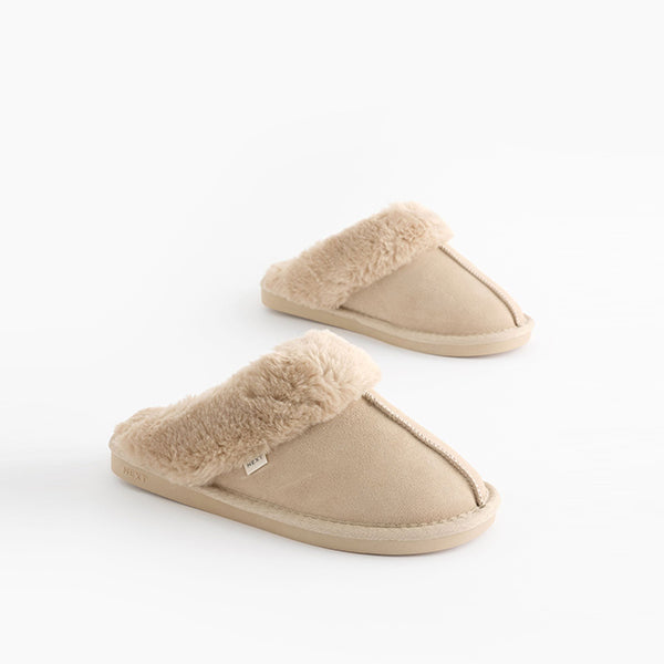 Sand Suede Faux Fur Lined Mule Slippers