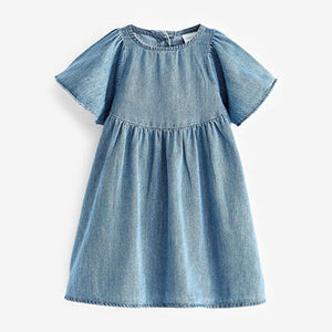 Denim Blue Angel Sleeve Cotton Dress (3mths-6yrs)