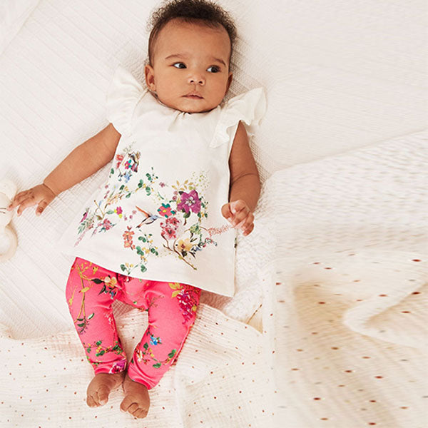 Coral/White Floral Baby Woven T-Shirt And Leggings Set 2 Piece (0-18mths)