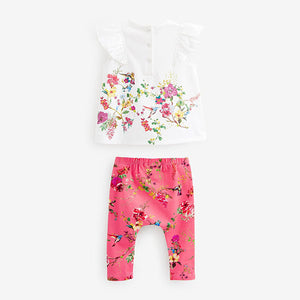 Coral/White Floral Baby Woven T-Shirt And Leggings Set 2 Piece (0-18mths)