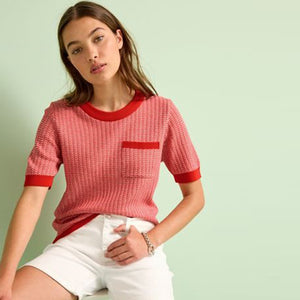 Bright Red Chevron Pattern Short Sleeve Knit Top