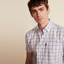 Load image into Gallery viewer, Pink/Blue Gingham Check Regular Fit Short Sleeve Easy Iron Button Down Oxford Shirt
