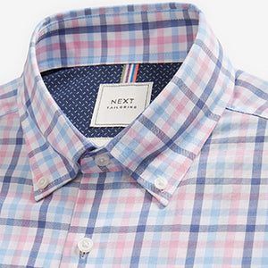 Pink/Blue Gingham Check Regular Fit Short Sleeve Easy Iron Button Down Oxford Shirt