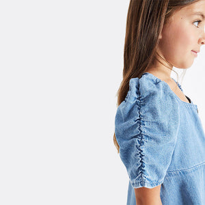 Blue Denim Ruched Sleeve Dress (3-12yrs)