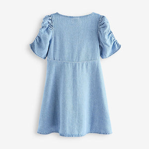 Blue Denim Ruched Sleeve Dress (3-12yrs)