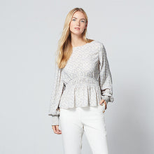Load image into Gallery viewer, Grey Geo Print Long Sleeve Waisted Top
