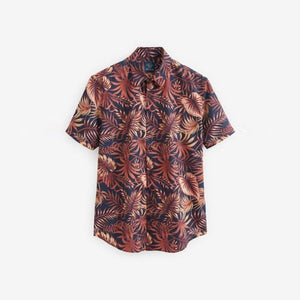 Navy Blue/ Burgundy Hawaiian Printed Short Sleeve Shirt