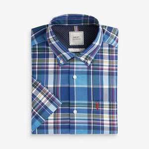 Blue Check Regular Fit Short Sleeve Easy Iron Button Down Oxford Shirt