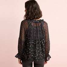 Load image into Gallery viewer, Black Floral Long Sleeve V-Neck Sheer Blouse with Lace Trim Detail
