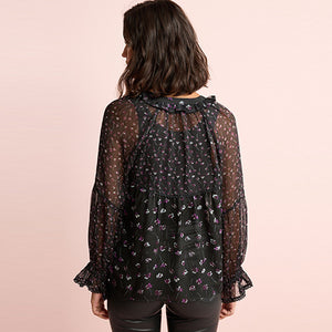 Black Floral Long Sleeve V-Neck Sheer Blouse with Lace Trim Detail