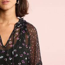 Load image into Gallery viewer, Black Floral Long Sleeve V-Neck Sheer Blouse with Lace Trim Detail
