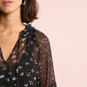 Black Floral Long Sleeve V-Neck Sheer Blouse with Lace Trim Detail