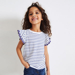 White/Blue Stripes Broderie Frill Sleeve T-Shirt (3-12yrs)