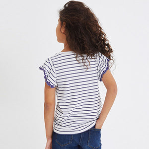 White/Blue Stripes Broderie Frill Sleeve T-Shirt (3-12yrs)