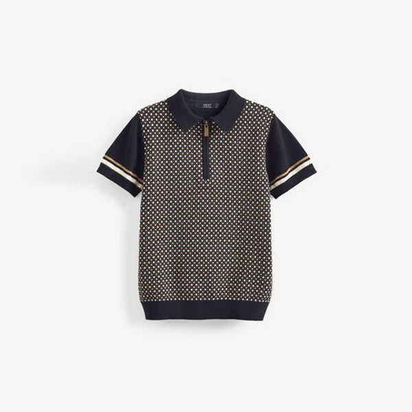 Black /Tan Knitted Short Sleeve Geo Pattern Polo Shirt (3-12yrs)