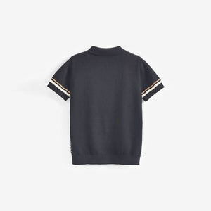 Black /Tan Knitted Short Sleeve Geo Pattern Polo Shirt (3-12yrs)