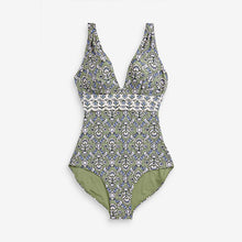 Load image into Gallery viewer, Green Woodblock Plunge Tummy Control Swimsuit
