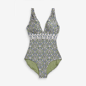 Green Woodblock Plunge Tummy Control Swimsuit