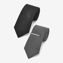 Load image into Gallery viewer, Black /Charcoal Grey Textured Tie With Tie Clip 2 Pack
