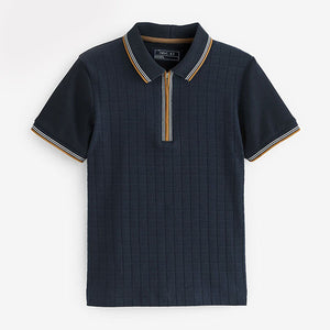 Navy Blue Short Sleeve Zip Neck Textured Polo Shirt (3-12yrs)