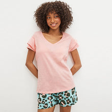 Load image into Gallery viewer, Pink / Teal Blue Leopard Printed Cotton Pyjamas Short Set
