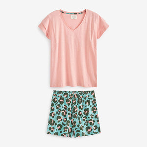 Pink / Teal Blue Leopard Printed Cotton Pyjamas Short Set