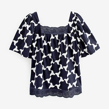 Load image into Gallery viewer, Navy Blue/ White Geo Square Neck Short Sleeve Broderie Trim Top
