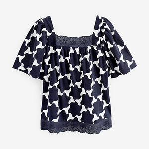Navy Blue/ White Geo Square Neck Short Sleeve Broderie Trim Top