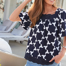 Load image into Gallery viewer, Navy Blue/ White Geo Square Neck Short Sleeve Broderie Trim Top
