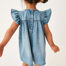 Load image into Gallery viewer, Denim Blue Embroidered Frill Sleeve Playsuit (3mths-6yrs)
