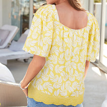 Load image into Gallery viewer, Lemon Yellow Shells Square Neck Short Sleeve Broderie Trim Top
