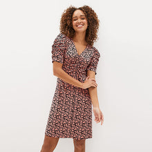 Load image into Gallery viewer, Pink Geo Ruched V-Neck Short Sleeve Midi Tea Dress

