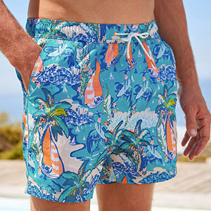 Blue Hawaiian Printed Swim Shorts