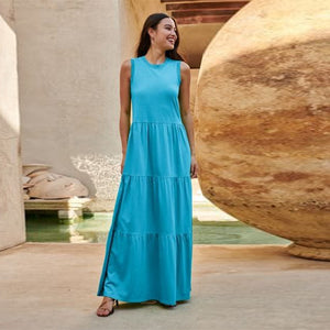 Bright Blue Sleeveless Crew Neck Tiered Summer Maxi Jersey Dress