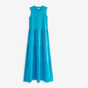 Bright Blue Sleeveless Crew Neck Tiered Summer Maxi Jersey Dress