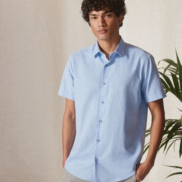 Light Blue Regular Fit Linen Blend Trimmed Shirt