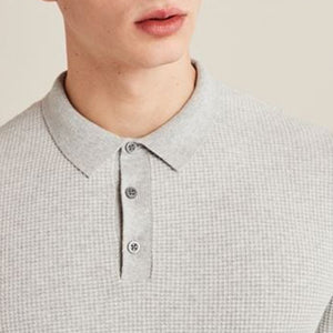 Grey Textured Knitted Polo Shirt