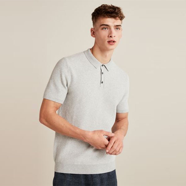 Grey Textured Knitted Polo Shirt