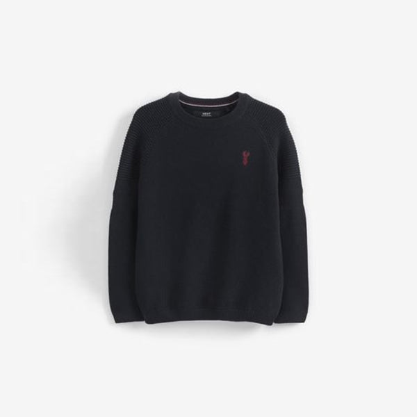 Navy Blue With Stag Textured Crew Jumper (3-12yrs)