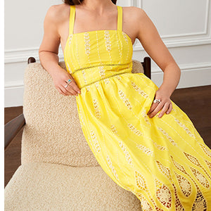 Yellow Premium Occasion Lace Detail Sleeveless Midi Dress