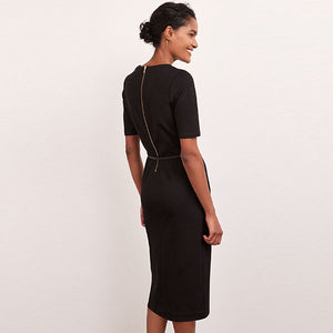 Black Tailored Ponte Belted Midi Dress