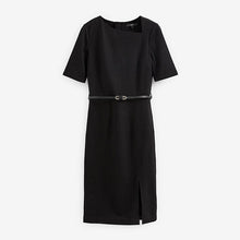 Load image into Gallery viewer, Black Tailored Ponte Belted Midi Dress

