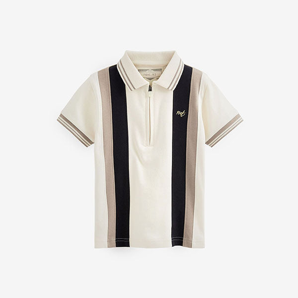 Black/ Ecru Cream Vertical Stripe Short Sleeve Zip Neck Polo Shirt (3mths-6yrs)
