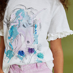 Ecru White Sequin Unicorn Frill Sleeve T-Shirt (3-12yrs)