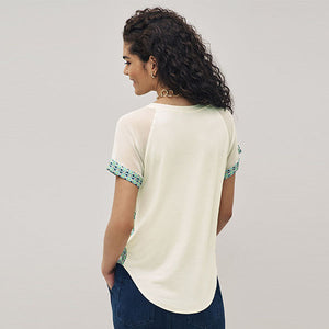 Ecru Cream Geo Woven Mix Short Sleeve Raglan T-Shirt